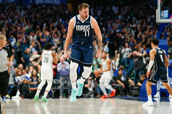 Luka Doncic excited after hitting a game-winning shot for the Dallas Mavericks.